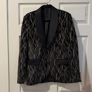 Black & Gold Patterned Shawl Collar Blazer